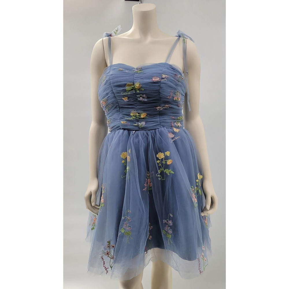 IWEMEK Tulle Floral Dress XXL Blue Embroidered Corset Lace Up Mini Fairycore NEW